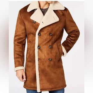 New Guess Men's Brown Double-Breasted Faux Fur Shearling Overcoat Jacket Coat